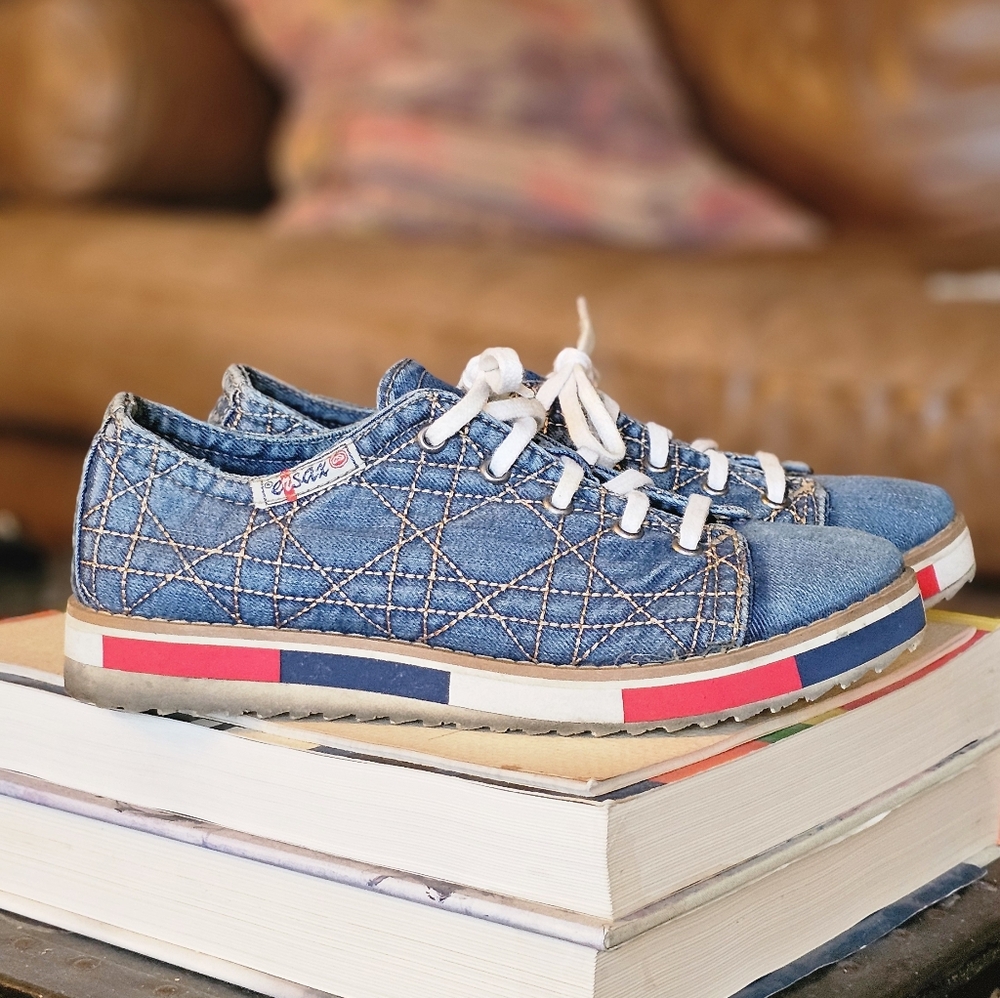 Ersax Denim Sneakers with Red & Blue Sole Accents